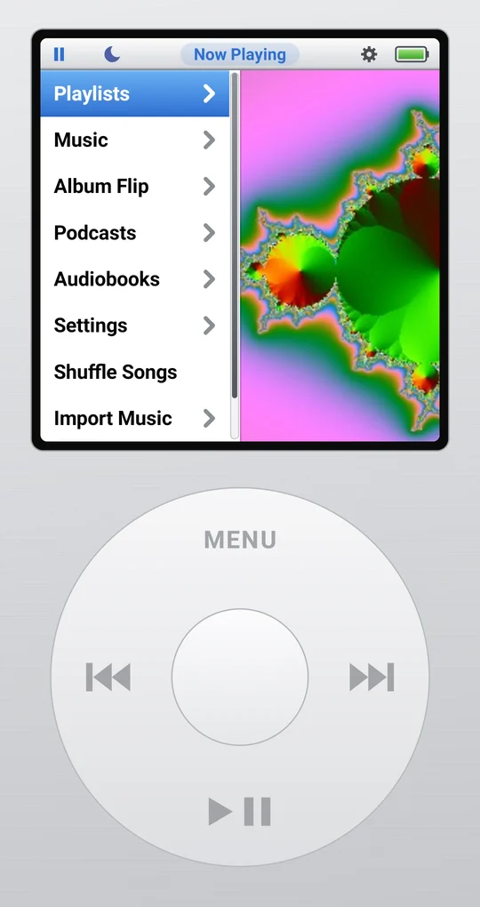 ClickWheel on a phone: the main menu with Playlists, Music, Album Flip, Podcasts, Audiobooks, Settings, Shuffle Songs and Import Music above a round click wheel